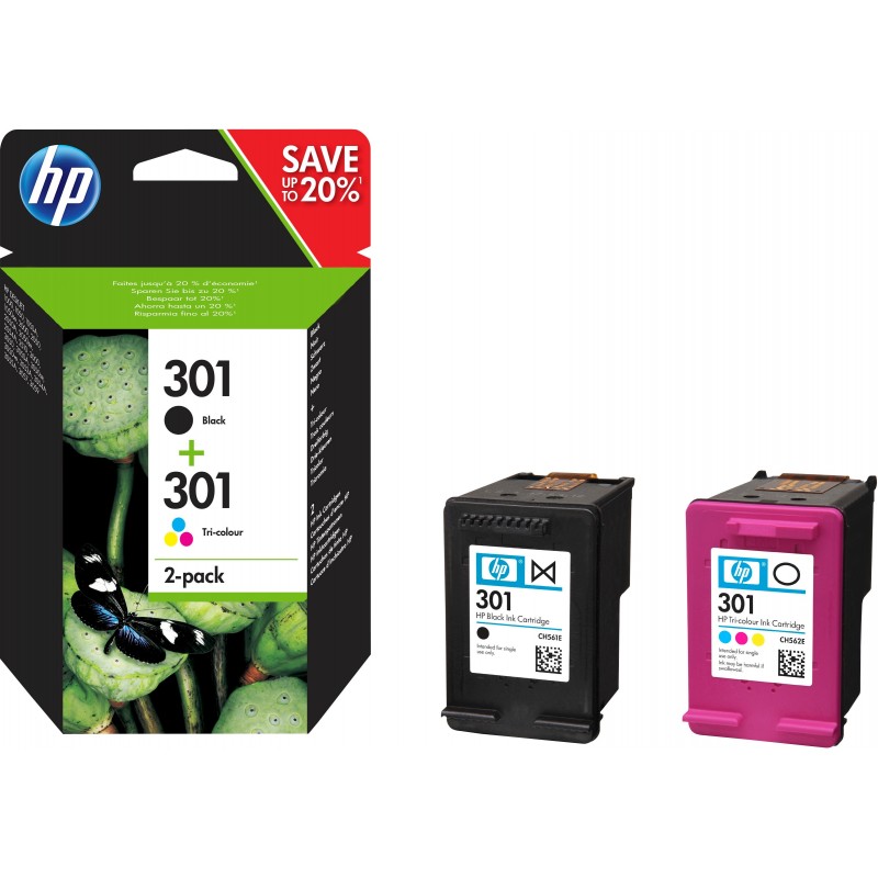 HP 301 pack de 2 cartouches d'encre noir trois couleurs authentiques