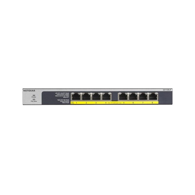 NETGEAR GS108LP Unmanaged Gigabit Ethernet (10 100 1000) Power over Ethernet (PoE) 1U Schwarz, Grau