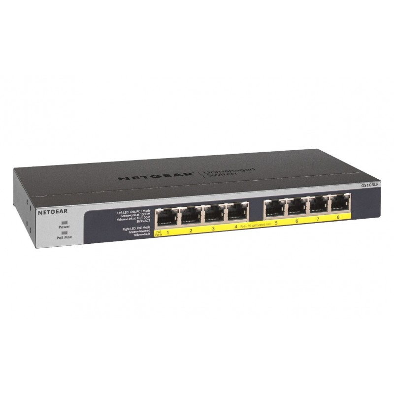 NETGEAR GS108LP Unmanaged Gigabit Ethernet (10 100 1000) Power over Ethernet (PoE) 1U Black, Grey