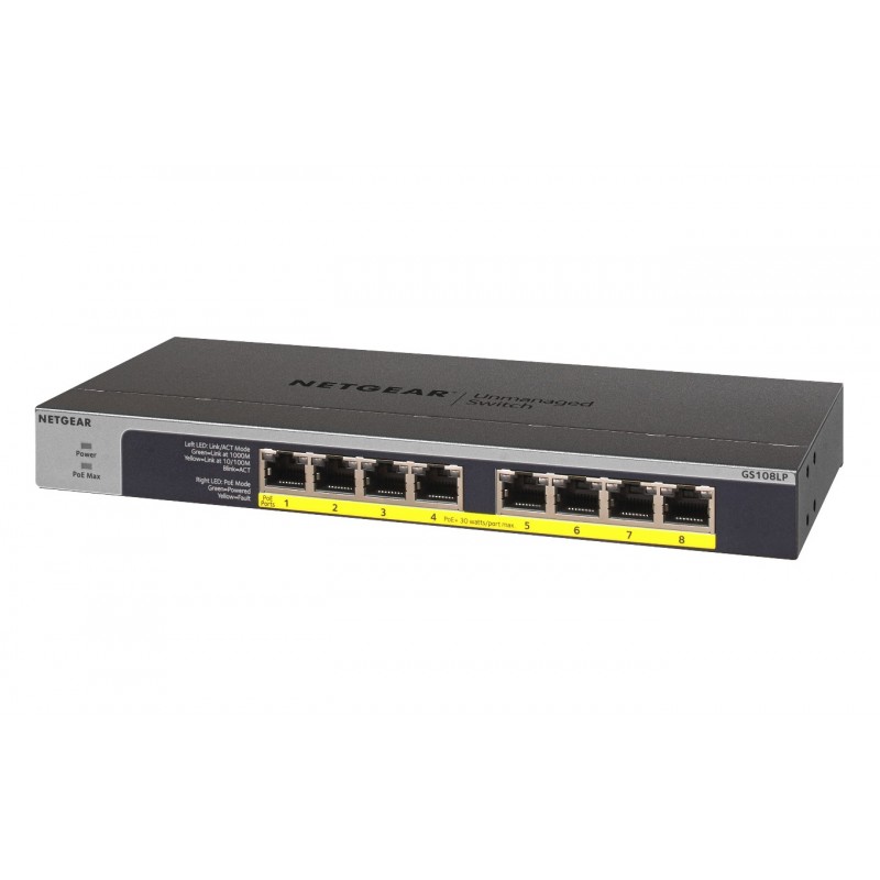 NETGEAR GS108LP Unmanaged Gigabit Ethernet (10 100 1000) Power over Ethernet (PoE) 1U Black, Grey