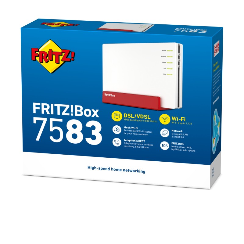 FRITZ!Box FRITZ! BOX 7583 VDSL routeur sans fil Gigabit Ethernet Bi-bande (2,4 GHz 5 GHz) Rouge, Blanc