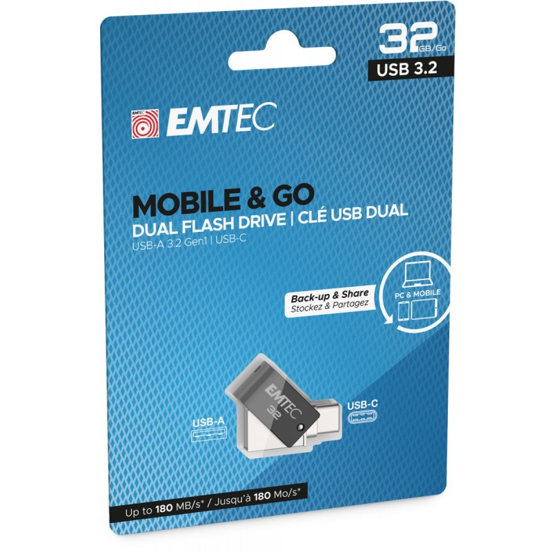 Emtec T260C lecteur USB flash 32 Go USB Type-A USB Type-C 3.2 Gen 1 (3.1 Gen 1) Noir, Acier inoxydable