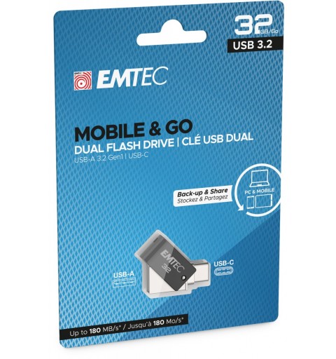 Emtec T260C lecteur USB flash 32 Go USB Type-A USB Type-C 3.2 Gen 1 (3.1 Gen 1) Noir, Acier inoxydable