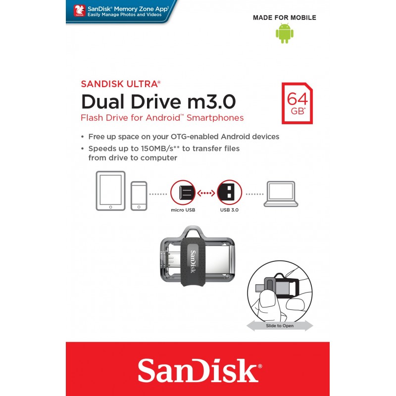 SanDisk Ultra Dual m3.0 lecteur USB flash 64 Go USB Type-A Micro-USB 3.2 Gen 1 (3.1 Gen 1) Noir, Argent, Transparent