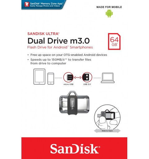 SanDisk Ultra Dual m3.0 lecteur USB flash 64 Go USB Type-A Micro-USB 3.2 Gen 1 (3.1 Gen 1) Noir, Argent, Transparent