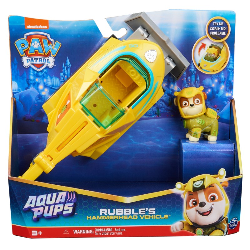 PAW Patrol , Aqua Pups - Basis Fahrzeug Spielzeugauto im Hammerhai-Design mit Rubble Welpenfigur