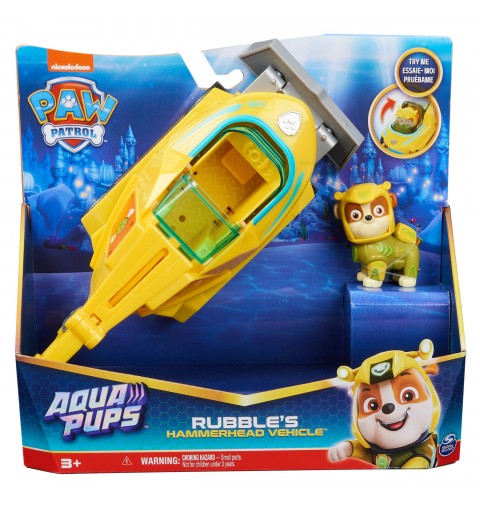 PAW Patrol , Aqua Pups - Basis Fahrzeug Spielzeugauto im Hammerhai-Design mit Rubble Welpenfigur