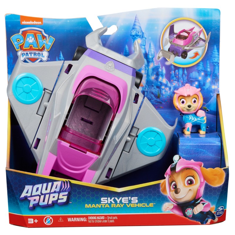 PAW Patrol , Aqua Pups - Basis Fahrzeug Spielzeugauto im Rochen-Design mit Skye Welpenfigur