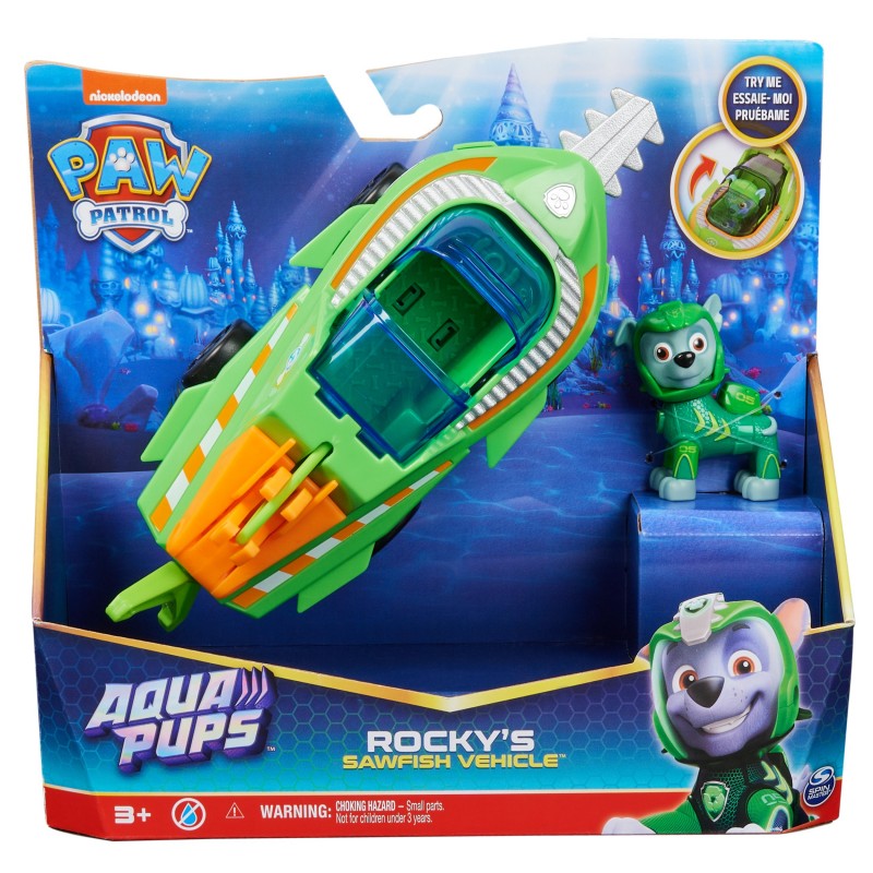 PAW Patrol PAT' PATROUILLE AQUA PUPS - Voiture + Figurine Rocky - Voiture Pat Patrouille Rocky - Figurine à Collectionner -