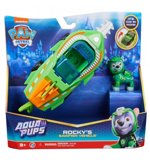 PAW Patrol , Aqua Pups - Basis Fahrzeug Spielzeugauto im Sägefisch-Design mit Rocky Welpenfigur