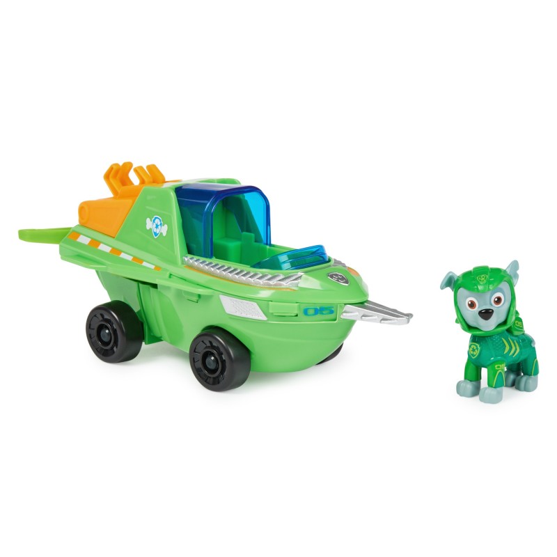 PAW Patrol PAT' PATROUILLE AQUA PUPS - Voiture + Figurine Rocky - Voiture Pat Patrouille Rocky - Figurine à Collectionner -