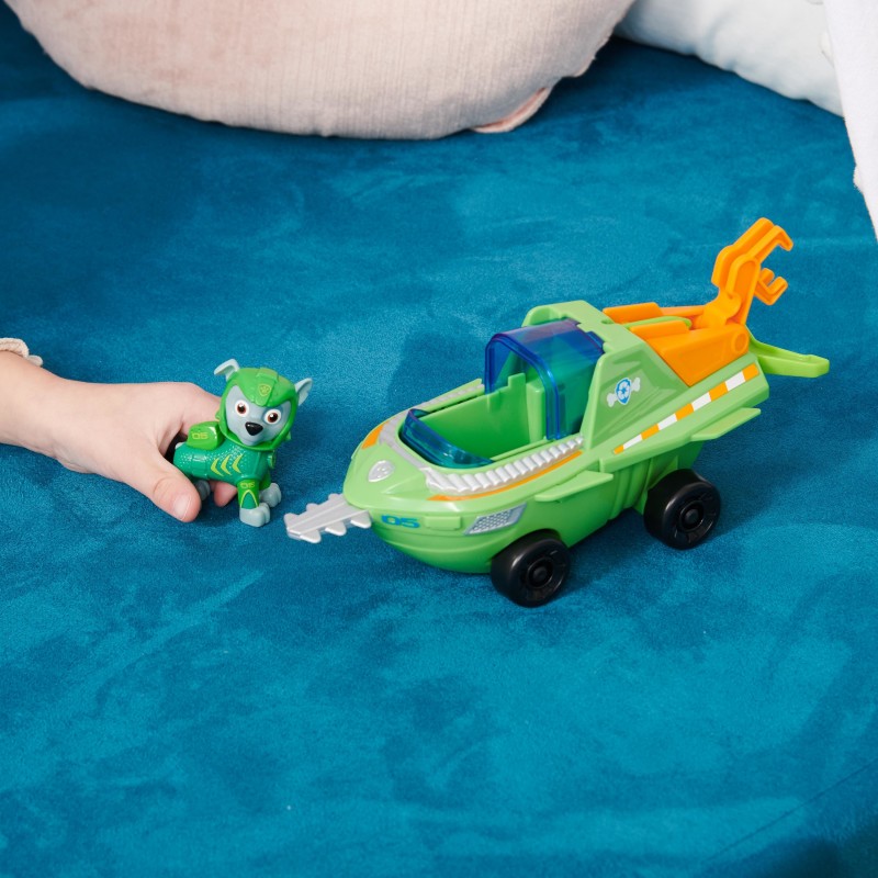 PAW Patrol , Aqua Pups - Basis Fahrzeug Spielzeugauto im Sägefisch-Design mit Rocky Welpenfigur