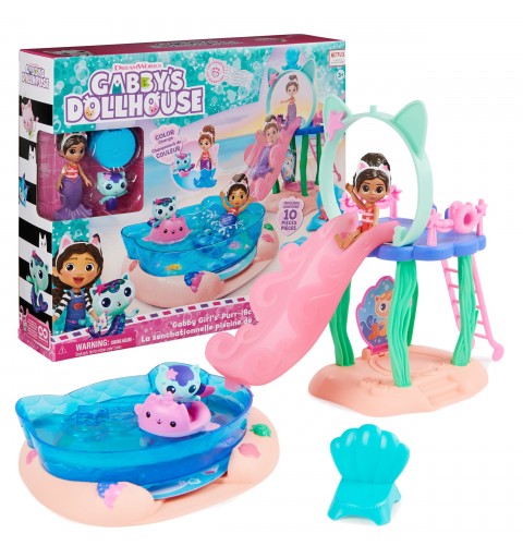 Gabby's Dollhouse , Purr-ific Pool Playset with Gabby and MerCat Figures, Color-Changing Mermaid Tails and Pool Accessories