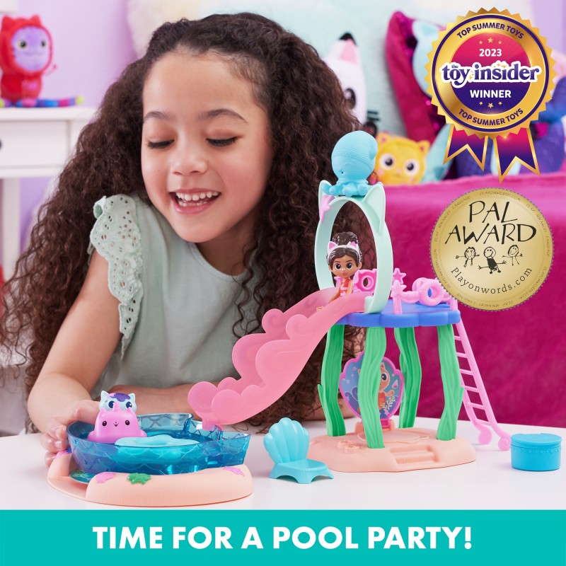 Gabby's Dollhouse , Purrific Pool Party Spielset mit Gabby- und Meerkätzchen-Figur mit Meerjungfrauenflosse mit