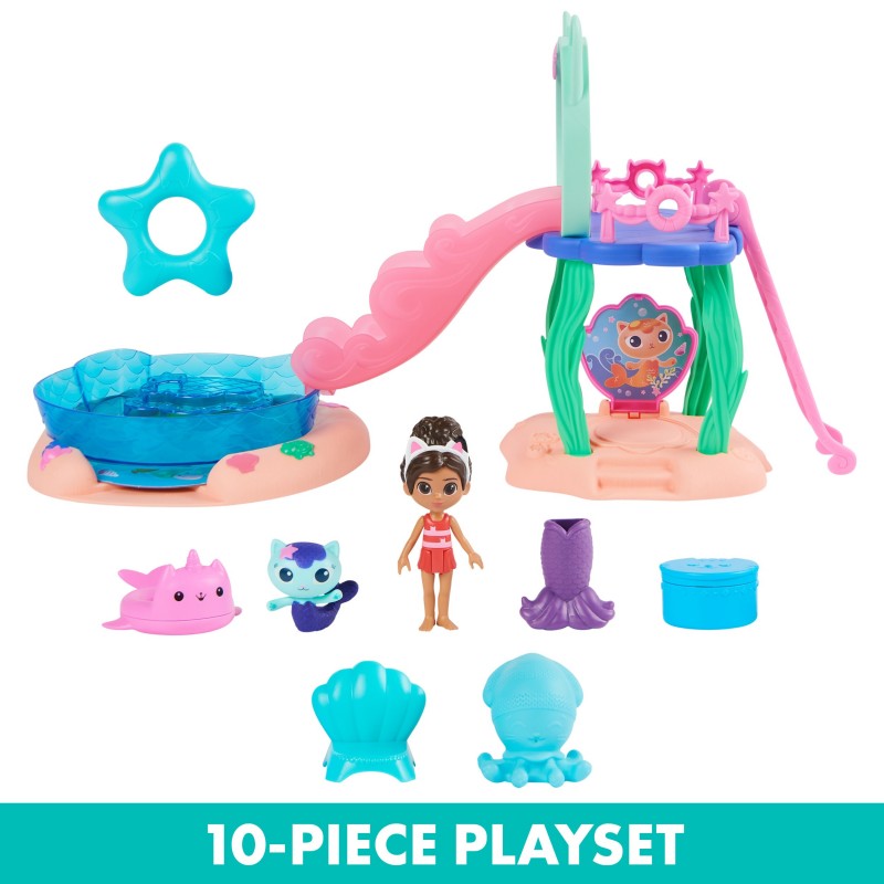 Gabby's Dollhouse , Purrific Pool Party Spielset mit Gabby- und Meerkätzchen-Figur mit Meerjungfrauenflosse mit