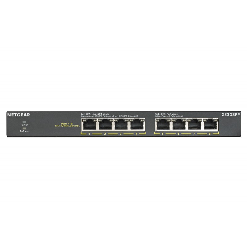 NETGEAR GS308PP Non-géré Gigabit Ethernet (10 100 1000) Connexion Ethernet, supportant l'alimentation via ce port (PoE) Noir