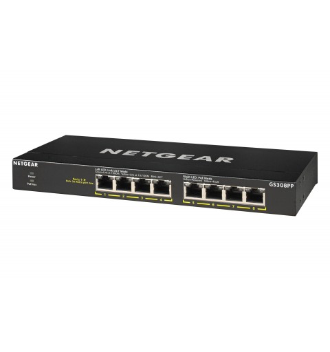 NETGEAR GS308PP Non-géré Gigabit Ethernet (10 100 1000) Connexion Ethernet, supportant l'alimentation via ce port (PoE) Noir