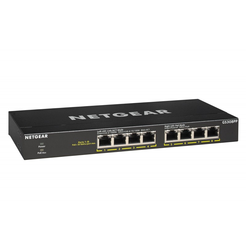 NETGEAR GS308PP Non-géré Gigabit Ethernet (10 100 1000) Connexion Ethernet, supportant l'alimentation via ce port (PoE) Noir