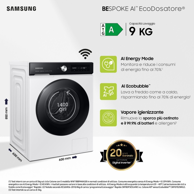 Samsung WW90DB7U94GEU3 lavatrice Caricamento frontale 9 kg 1400 Giri min Bianco