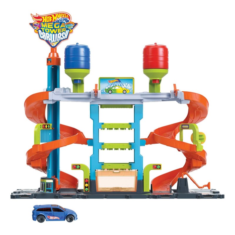 Hot Wheels City Mega Torre Autolavaggio, include 1 macchinina Color Shifters e pratici serbatoi per acqua, si collega ad altri