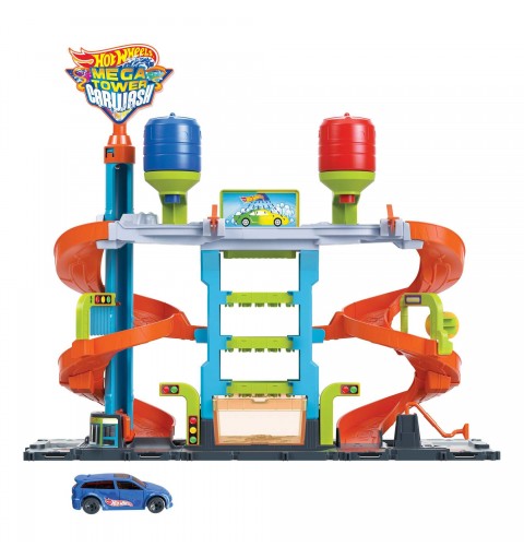 Hot Wheels City Mega Torre Autolavaggio, include 1 macchinina Color Shifters e pratici serbatoi per acqua, si collega ad altri