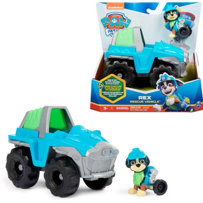 PAW Patrol , Dinosaur Rescue Vehicle de Rex, vehículo de juguete con figura de acción coleccionable, juguetes respetuosos con