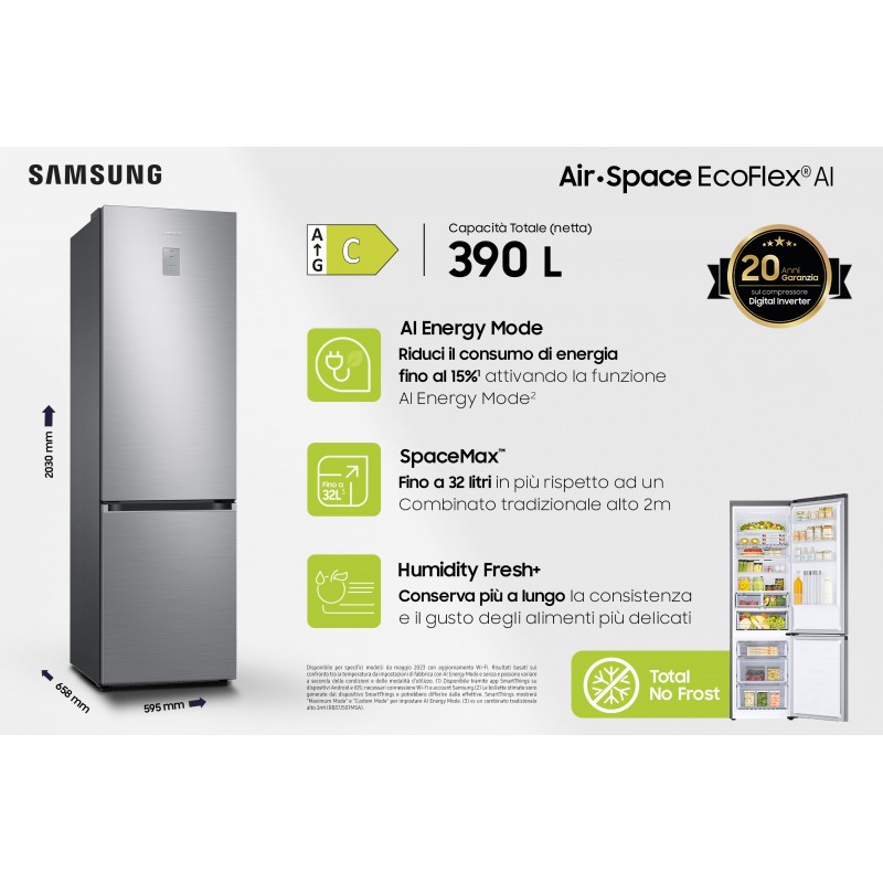 Samsung Frigorifero Combinato EcoFlex AI 2m 390L RB38C675CS9