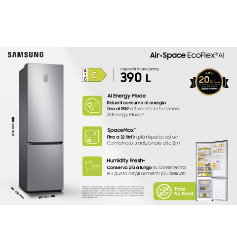 Samsung Frigorifero Combinato EcoFlex AI 2m 390L RB38C675CS9