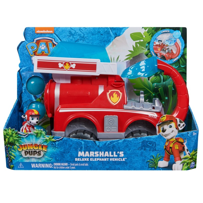 PAW Patrol Jungle Pups, Deluxe Elephant Vehicle de Marshall con lanzador de proyectiles, camión de juguete con figura de