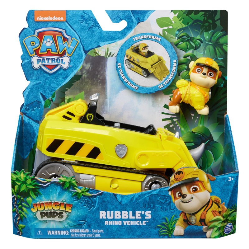 PAW Patrol Jungle Pups, Rhino Vehicle de Rubble, vehículo de juguete con figura de acción coleccionable, juguetes para niños y