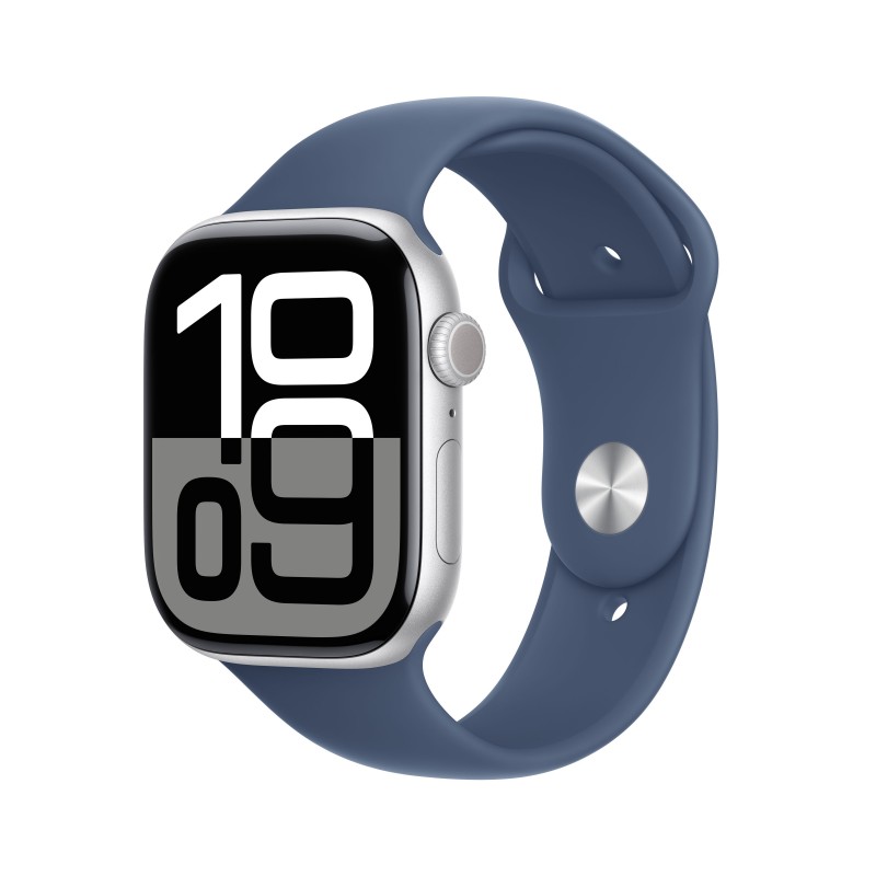 Apple Watch Series 10 Serie 10 GPS 46mm Cassa in Alluminio Color Argento con Denim Sport Band - M L