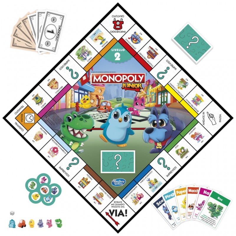 Monopoly Junior 2 Giochi in 1, gioco da tavolo, tabellone fronte-retro, gioco per bambini e bambine più piccoli