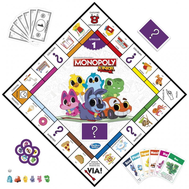 Monopoly Junior 2 Giochi in 1, gioco da tavolo, tabellone fronte-retro, gioco per bambini e bambine più piccoli