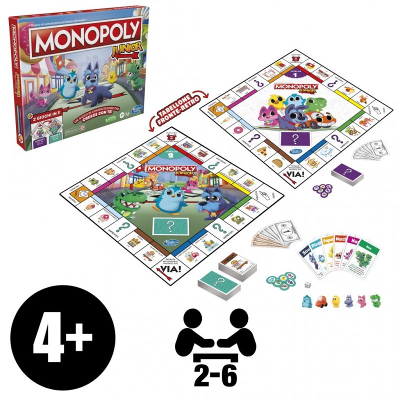 Monopoly Junior 2 Giochi in 1, gioco da tavolo, tabellone fronte-retro, gioco per bambini e bambine più piccoli