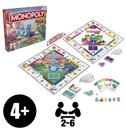 Monopoly Junior 2 Giochi in 1, gioco da tavolo, tabellone fronte-retro, gioco per bambini e bambine più piccoli