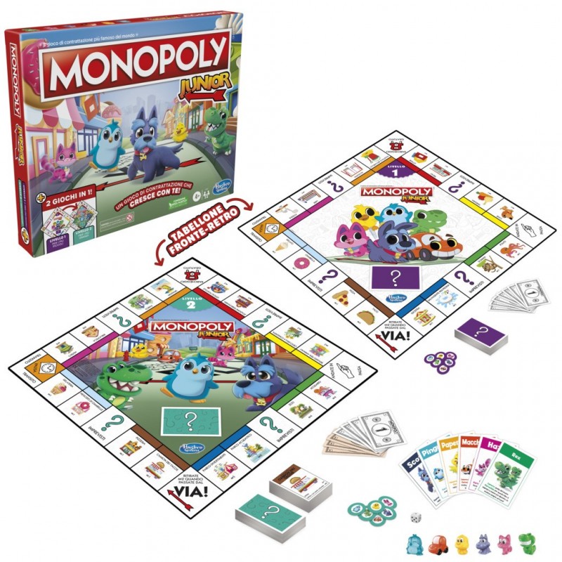 Monopoly Junior 2 Giochi in 1, gioco da tavolo, tabellone fronte-retro, gioco per bambini e bambine più piccoli