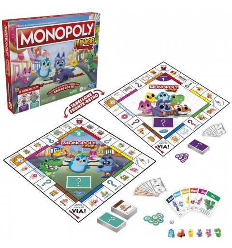 Monopoly Junior 2 Giochi in 1, gioco da tavolo, tabellone fronte-retro, gioco per bambini e bambine più piccoli