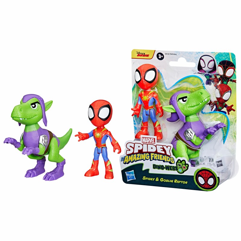 Marvel Spidey and His Amazing Friends Dino-Webs, Spidey and Goblin Raptor Action Figures Set, Super Hero Toys for Boys and