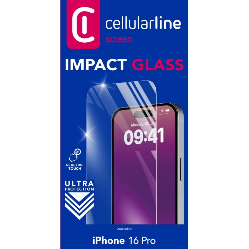 Cellularline Impact Glass - iPhone 16 Pro Thin, tough and super-sensitive tempered glass, Transparent