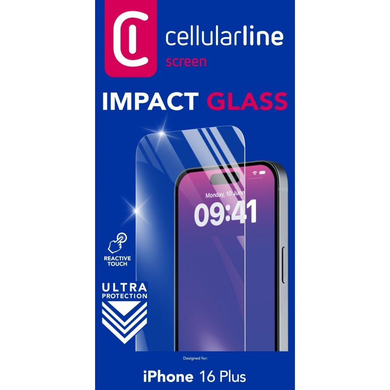 Cellularline Impact Glass - iPhone 16 Plus Thin, tough and super-sensitive tempered glass, Transparent