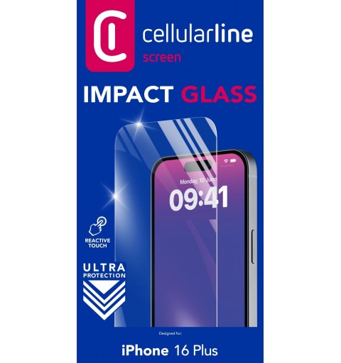 Cellularline Impact Glass - iPhone 16 Plus Thin, tough and super-sensitive tempered glass, Transparent