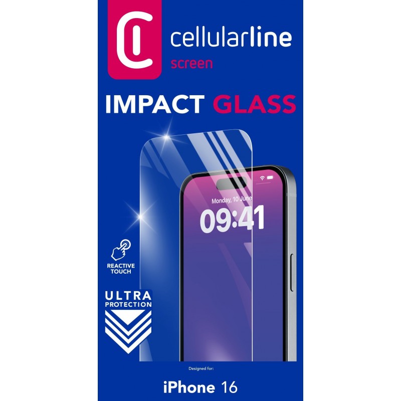 Cellularline Impact Glass - iPhone 16 Thin, tough and super-sensitive tempered glass, Transparent