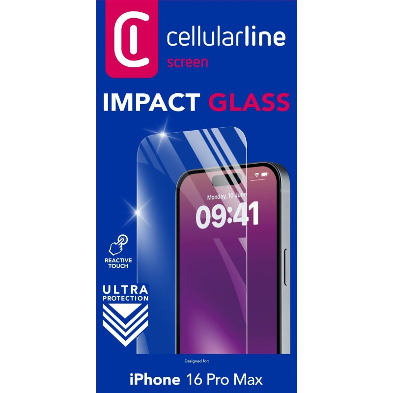 Cellularline Impact Glass - iPhone 16 Pro Max Thin, tough and super-sensitive tempered glass, Transparent