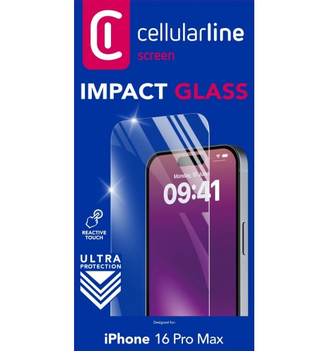 Cellularline Impact Glass - iPhone 16 Pro Max Thin, tough and super-sensitive tempered glass, Transparent