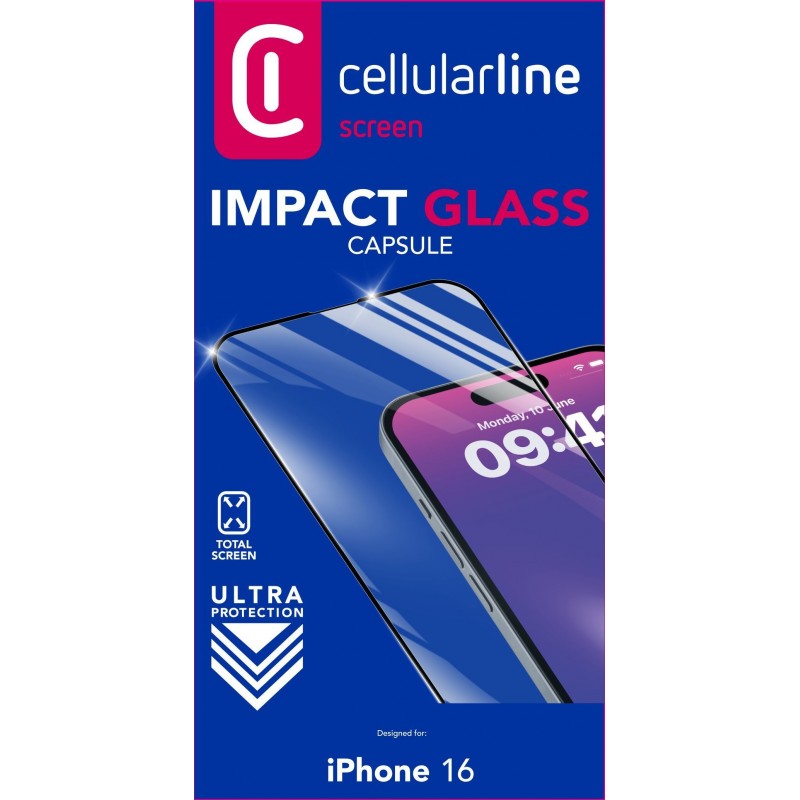 Cellularline Impact Glass Capsule - iPhone 16 Tough edge-to-edge tempered glass