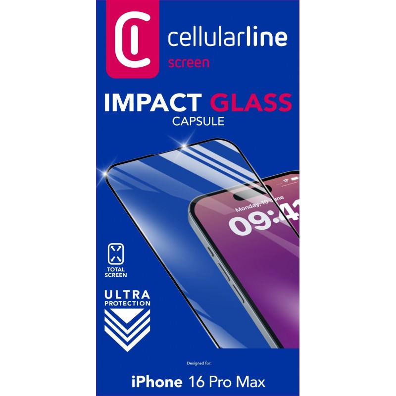 Cellularline Impact Glass Capsule - iPhone 16 Pro Max Tough edge-to-edge tempered glass