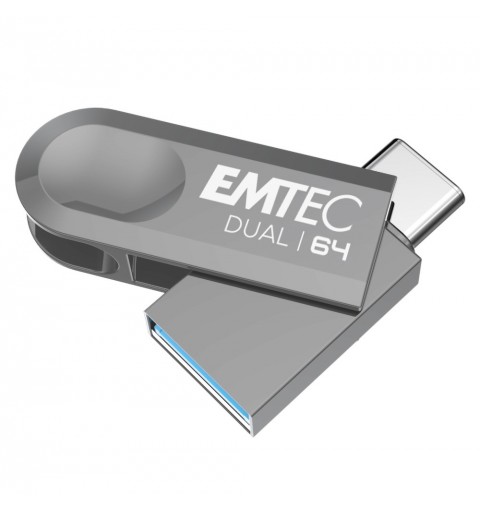 Emtec D280 Dual lecteur USB flash 64 Go USB Type-A USB Type-C 3.2 Gen 1 (3.1 Gen 1) Argent