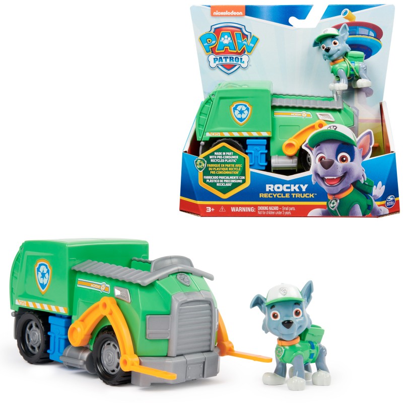 PAW Patrol , Recycle Truck de Rocky, camión de juguete con figura de acción coleccionable, juguetes respetuosos con el medio