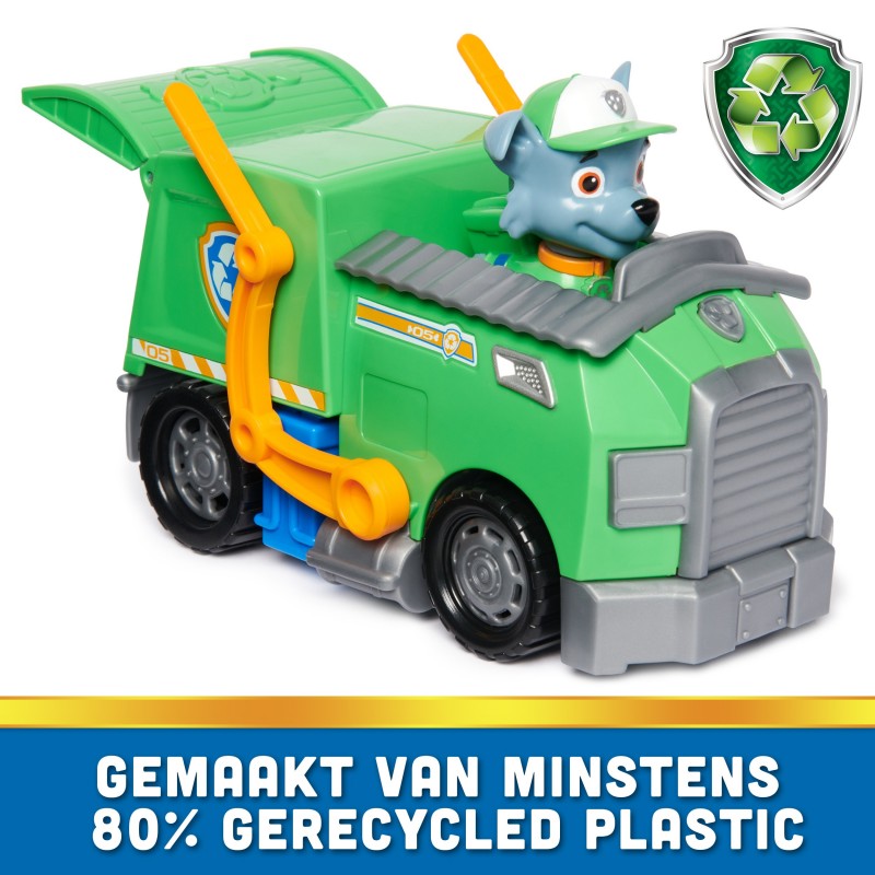 PAW Patrol , Recycle Truck de Rocky, camión de juguete con figura de acción coleccionable, juguetes respetuosos con el medio