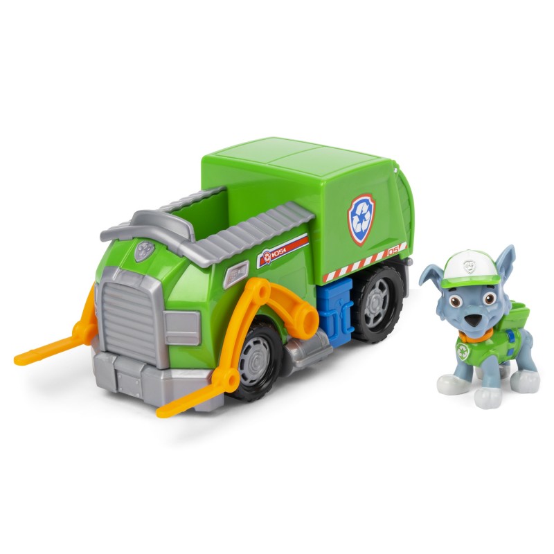 PAW Patrol , Recycle Truck de Rocky, camión de juguete con figura de acción coleccionable, juguetes respetuosos con el medio